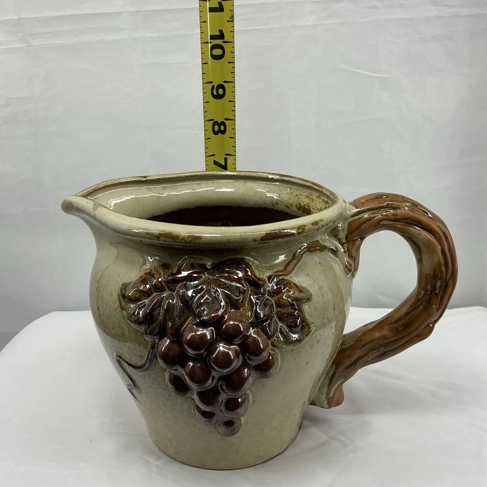 Vintage Pottery Pitcher With Raised Grapevine Design – Rustic Pottery Pitcher‎